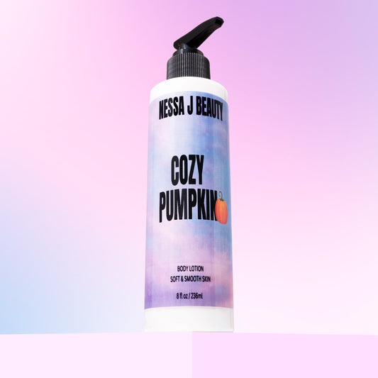 8 oz bottle of Cozy Pumpkin body lotion with a warm, autumn-inspired scent, perfect for hydrating dry skin with a cozy seasonal fragrance.